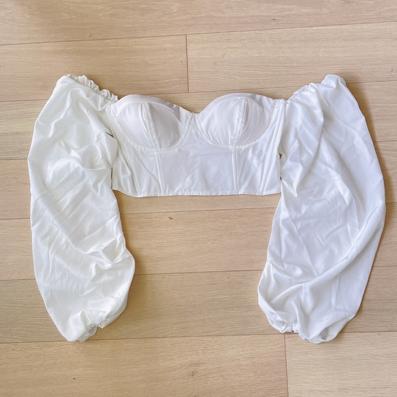 NEW Off Shoulders Long Puff Sleeve Crop Top with Boning White Satin - Picture 2 of 6
